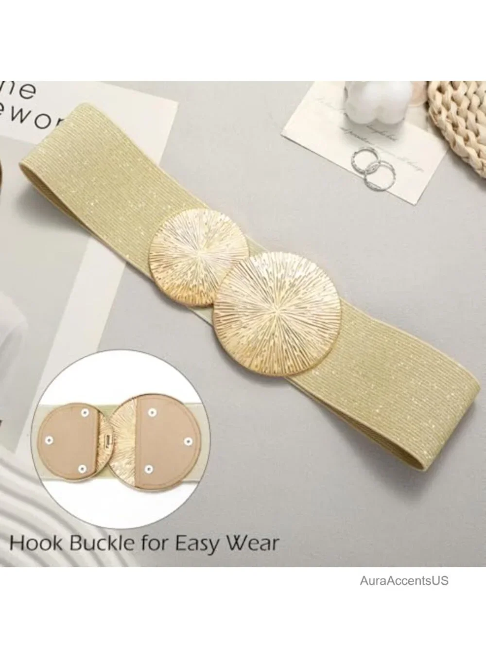 Wide Stretchy Elastic Belt for Women with Gold Round Buckle Waist Cinch